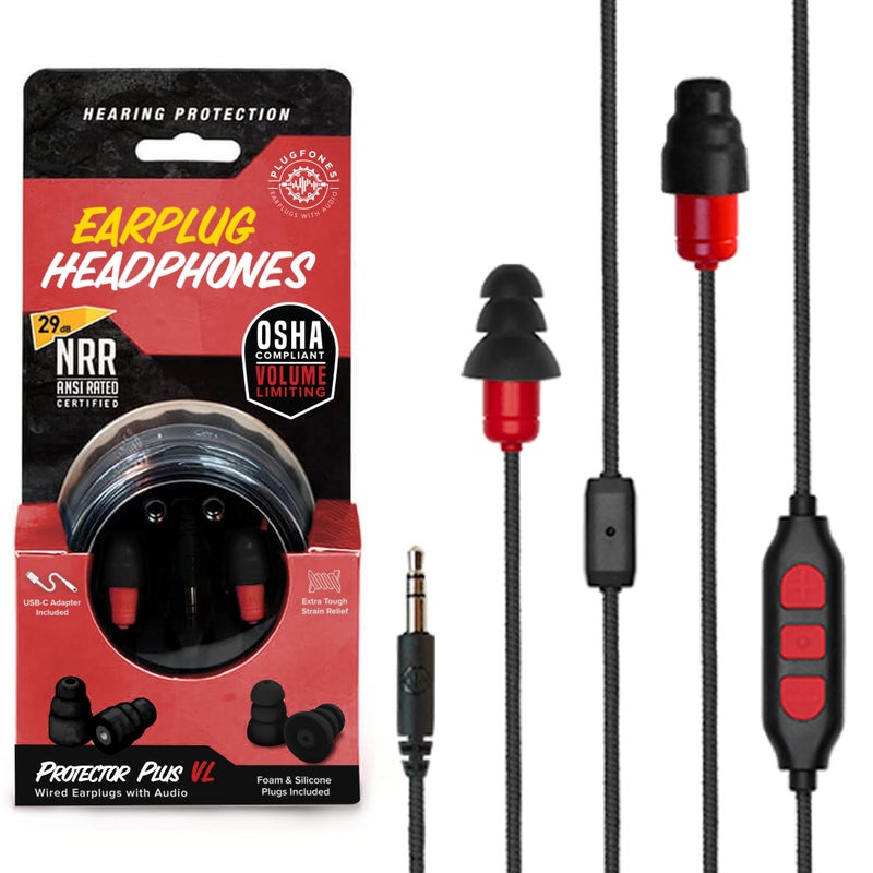 Plugfones Protector Plus Volume Limited in-Ear Earplug Earbuds, Noise Reduction Headphones with Noise Isolating Mic and Controls, Black & Red - Image 1
